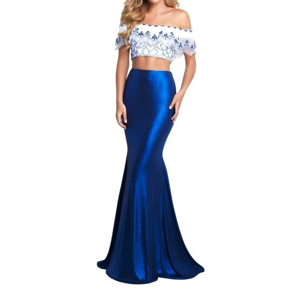 NEW BLUSH PROM hand beaded metallic jersey two piece gown in off white/sapphire